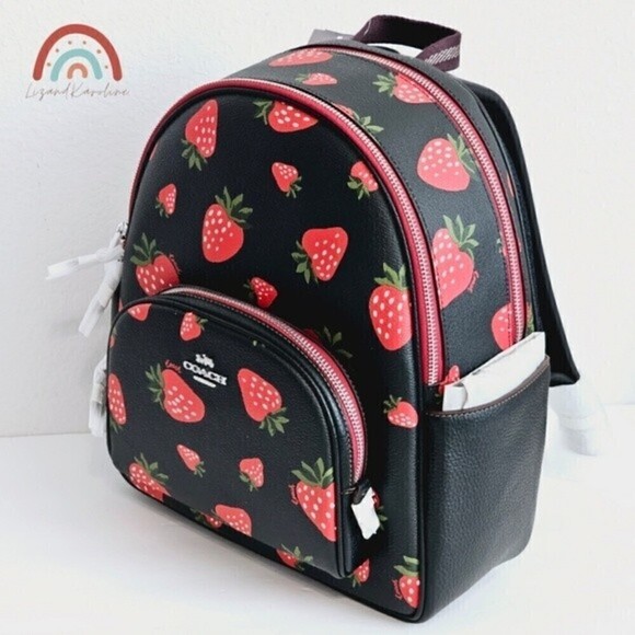 New! Coach Court Backpack Wild Strawberry Print Pebbled Leather Bag - Picture 6 of 15